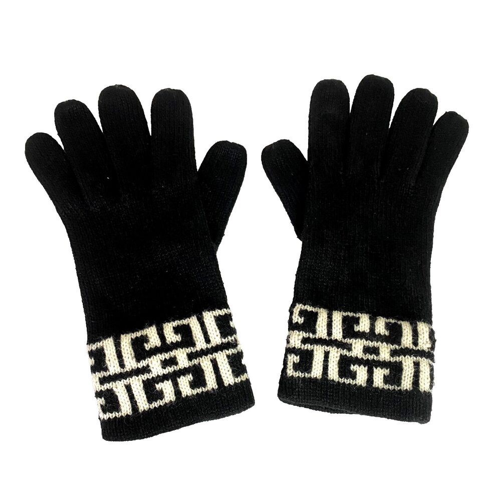 Isotoner Vintage Acrylic Knit Gloves One Size Black Geometric White Design